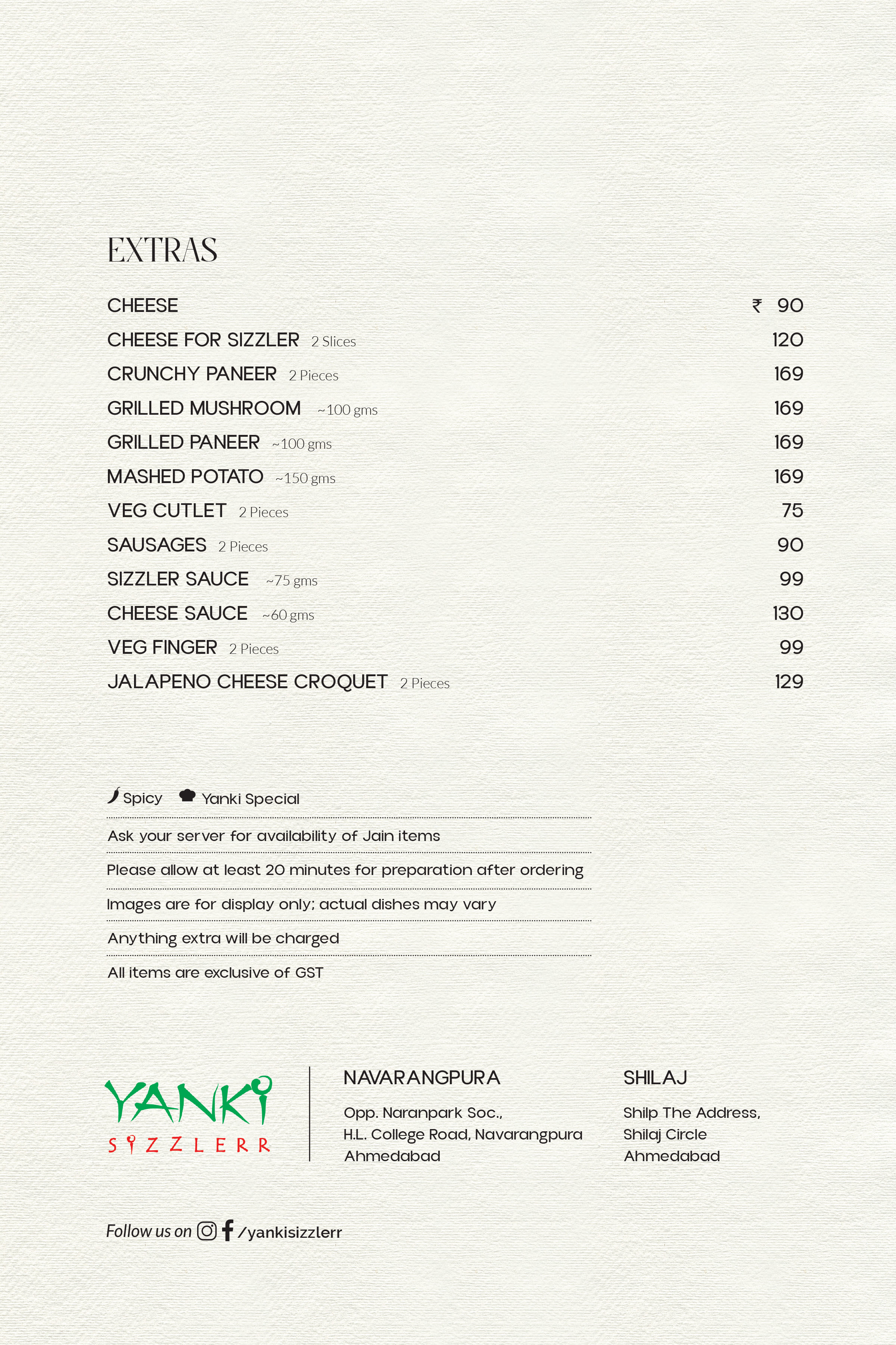 The Yanki Sizzler Menu in Gandhinagar